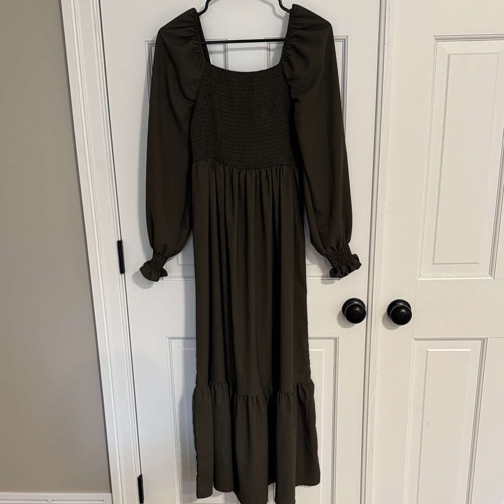 Smocked Square-Neck Maxi Dress in Olive
